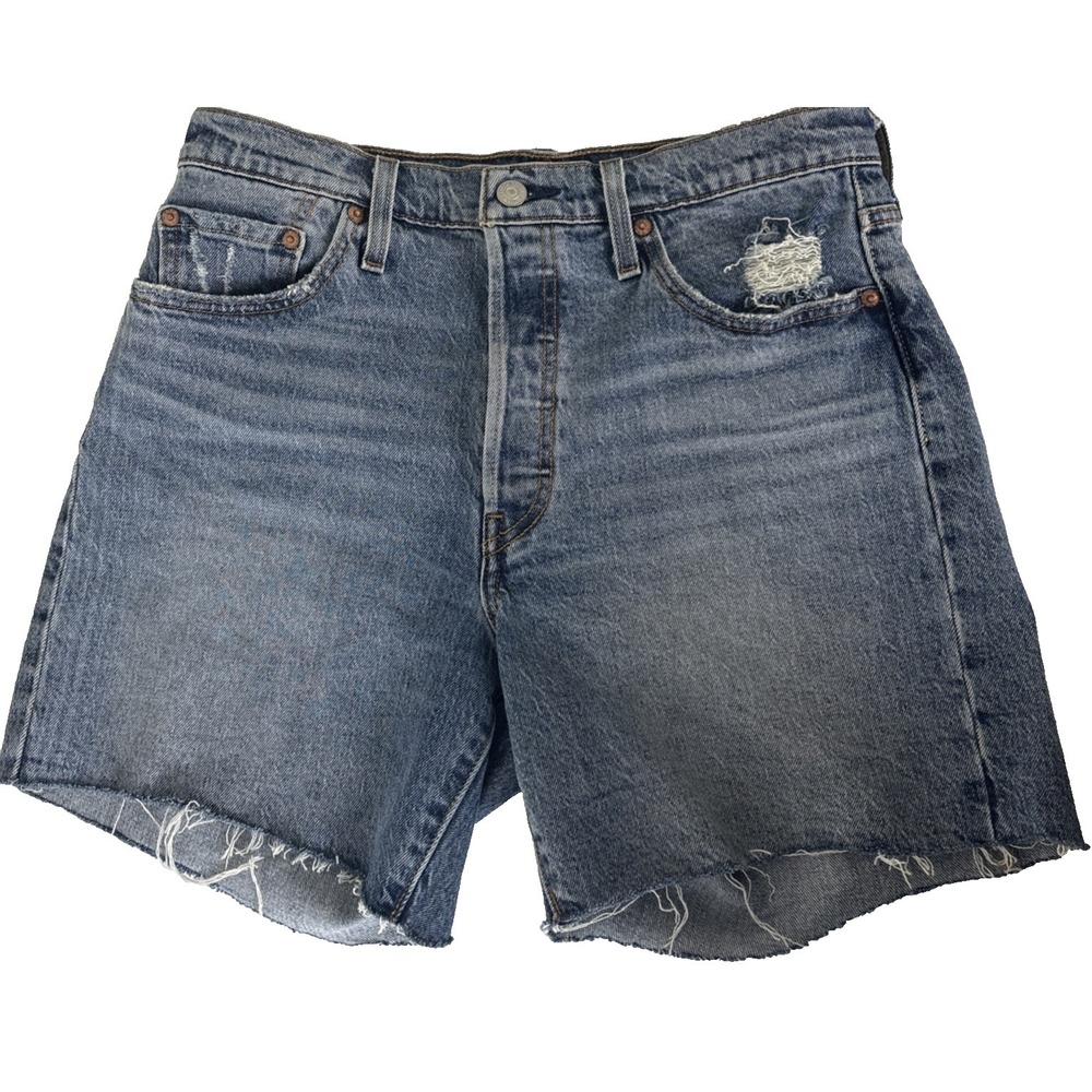 Levis 501 High Rise Denim Shorts Womens 26 Dark Wash Blue Distressed Denim